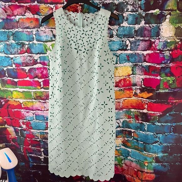 J.Crew Womens Dress Eyelet Laser Cut Shift Sleeveless Teal Lined Size 10T 10 Tal - Picture 1 of 7